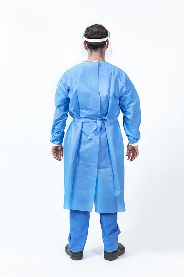 Person wearing SMS medical gown backside