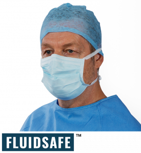 Surgeon wearing FLUIDSAFE surgical mask and theatre cap