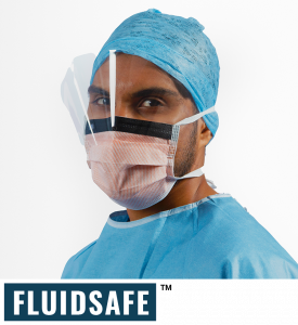 Surgeon wearing FLUIDSAFE surgical face mask with visor