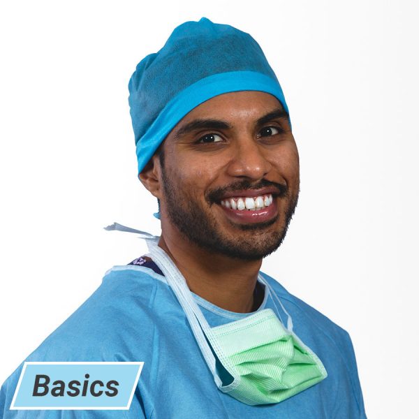 Surgeon wearing basics theatre cap front